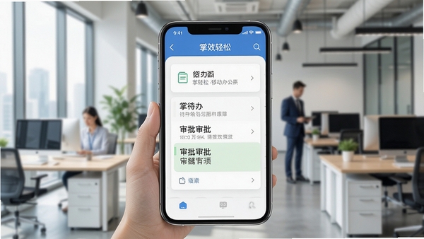 掌轻松移动办公应用主界面展示,手机屏幕上呈现清爽的待办列表与审批卡片,背景为现代办公室环境,突出高效便捷的商务氛围