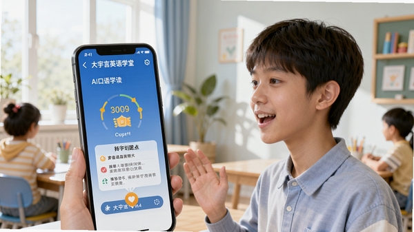 大宇言英语学堂AI口语跟读界面,学生对着手机朗读英语句子,屏幕显示发音评分和纠正提示,明亮学习场景