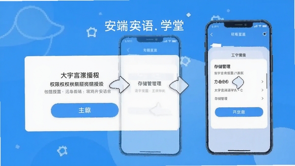 大宇言英语学堂手机端安装设置界面,展示权限授权和存储管理页面,简洁清晰的操作指引