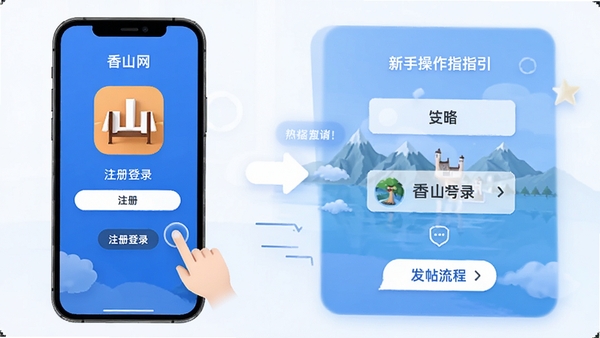 香山网app新手操作指引示意图,展示注册登录和发帖流程