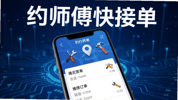 约师傅快接单APP界面展示,手机屏幕显示附近订单列表,地图定位图标,维修工具元素,蓝色科技感背景,软件名称约师傅快接单醒目显示