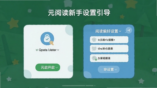 元阅读新手设置引导界面,展示权限开启与阅读偏好设置步骤