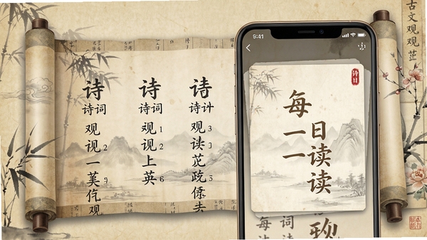 古文观芷软件界面展示,古风书卷背景,诗词分类清晰排列,手机屏幕显示每日一读卡片