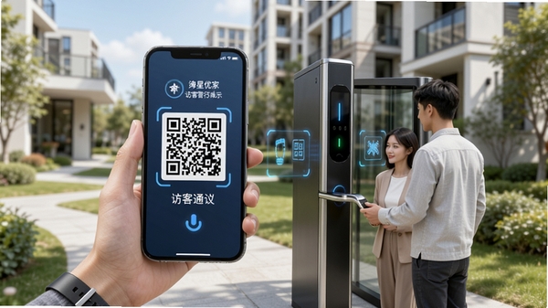 海星优家管家助手访客通行功能演示,手机生成二维码,访客扫码通过小区门禁,现代社区场景,明亮光线,科技感,高清写实风格