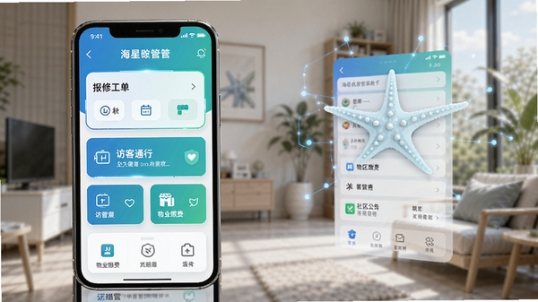 海星优家管家助手软件界面展示,现代社区物业管理APP,手机屏幕中显示报修工单、访客通行、物业缴费、社区公告等功能模块,清爽简洁的UI设计,科技感与生活感融合,蓝绿色调为主,高清渲染,适合软件下载站配图