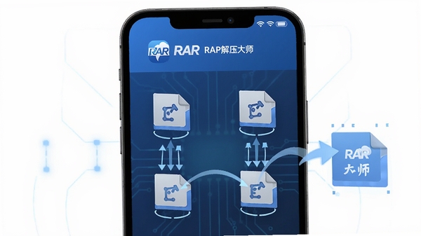 RAR��ѹ��ʦ�־�ѹ����������ʾ��ͼ��չʾ�ֻ���Ļ�϶���־��ļ��Զ��ϲ���ѹ�Ĺ��̶������������RAR��ѹ��ʦLogo���Ƽ���ɫ��