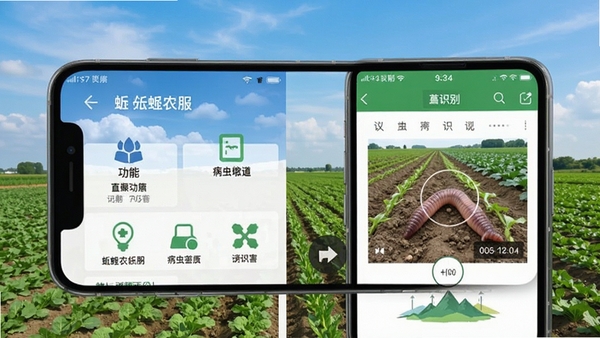 蚯蚓农服移动端操作界面截图,展示首页功能入口与病虫害识别拍照界面,手机屏幕清晰,背景为农田风光