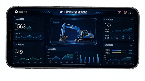 我的龙工软件设备监控仪表盘AI生图,手机界面显示挖掘机各项运行参数,蓝色科技感数据可视化风格