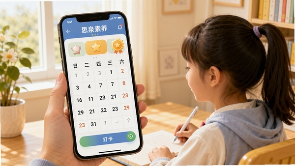 思泉素养每日打卡界面,学生在手机前完成素养学习任务,界面显示打卡日历与积分奖励,温馨学习场景,明亮色调