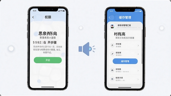 思泉素养安装与权限设置示意图,手机屏幕展示权限开启步骤与缓存管理界面,简洁教程风格