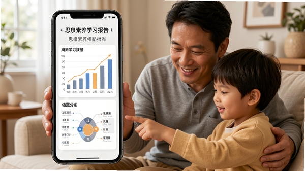 思泉素养学习报告页面,手机屏幕展示周学习数据图表与错题分布,家长与孩子一起查看,温馨家庭场景