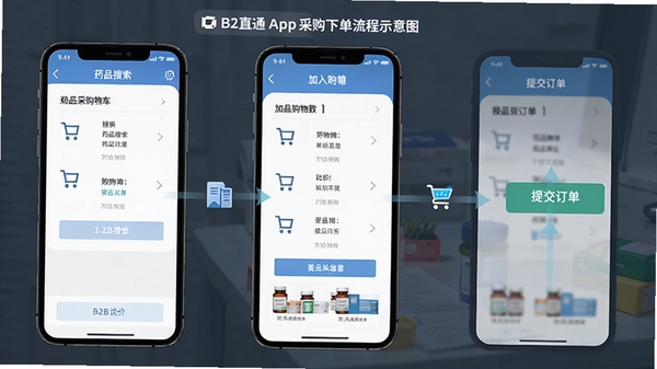 ҩֱͨapp�ɹ��µ�����ʾ��ͼ��չʾ��ҩƷ�������ȼۡ����빺�ﳵ���ύ�����������������棬����������࣬ͻ���ֻ���B2B�ɹ��ı����