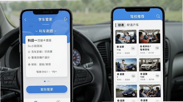 学车管家APP首页界面展示,包含科目一刷题模块与驾校推荐列表,驾考学车手机应用场景图