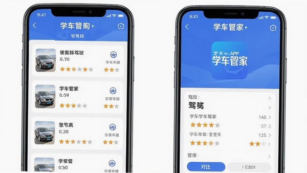 学车管家APP驾校查询界面,展示驾校列表与评分对比功能,手机屏幕截图风格,突出学车管家品牌标识