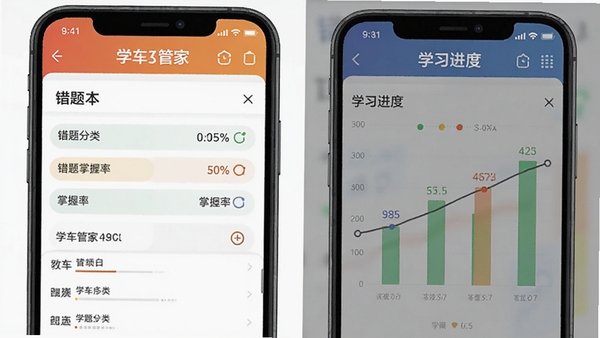 学车管家APP错题本与学习进度界面,展示错题分类和掌握率图表,学车管家软件功能截图