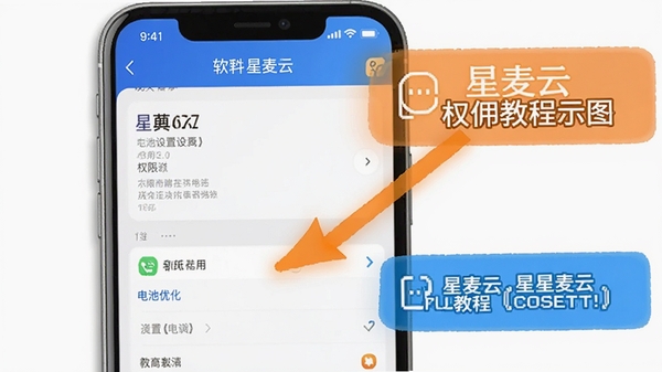 星麦云使用教程示意图,手机屏幕显示权限设置界面,箭头指向电池优化选项,配有文字提示,软件名称星麦云