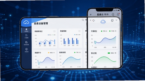星麦云软件界面展示,蓝色科技感背景,手机屏幕显示云端设备管理面板,包含数据图表和状态指示灯,简洁现代风格