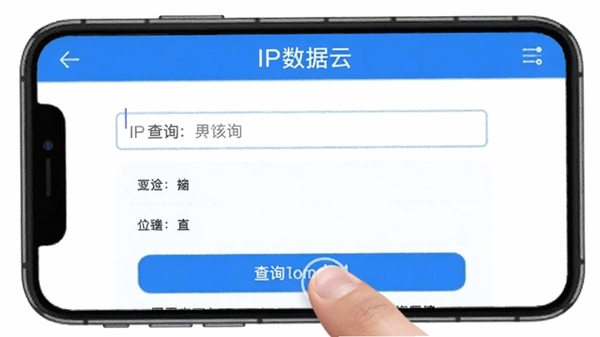 IP�������ƶ��˲������棬�ֻ���Ļ��ʾIP��ѯ�����ͽ��չʾ����ָ�����ѯ��ť����ɫ������ɫ����������IP�������ڶ�����������ʾ