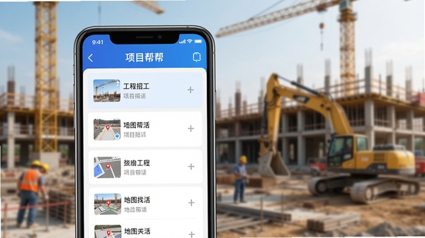 项目帮帮APP界面展示,手机屏幕中呈现工程招工列表与地图找活功能,界面风格简洁专业,带有蓝色主色调,背景为工地场景虚化