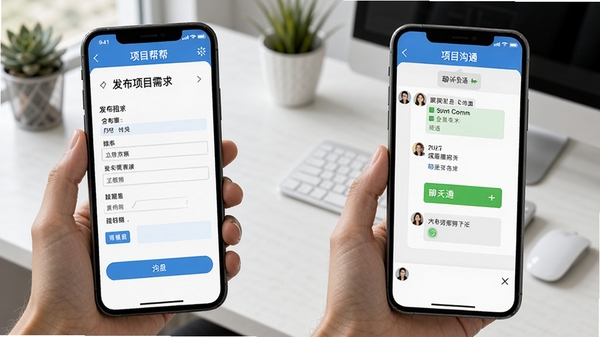 项目帮帮APP操作界面截图,展示发布项目需求填写页面与聊天沟通界面,手机屏幕中显示工程招工信息,背景为简洁办公桌场景