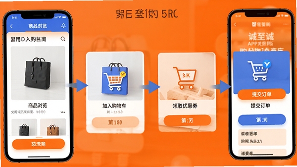 �������̳�APP��������ʾ��ͼ������չʾ�ֻ��������Ʒ��������빺�ﳵ����ȡ�Ż�ȯ���ύ����������������裬����Ԫ����������ɫ�Գ���Ϊ�������ֱ�������Ĺ�������