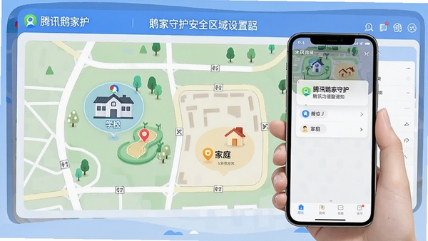 鹅家守护安全区域设置界面,地图上标注学校与家庭位置,手机推送提醒通知展示,腾讯鹅家守护软件功能演示图