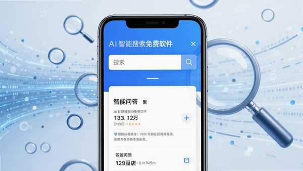 AI智能搜索免费软件启动界面展示,手机屏幕上显示简洁的搜索框与智能问答结果页面,蓝白配色科技感风格,背景为抽象数据流与放大镜元素融合,整体明亮清晰