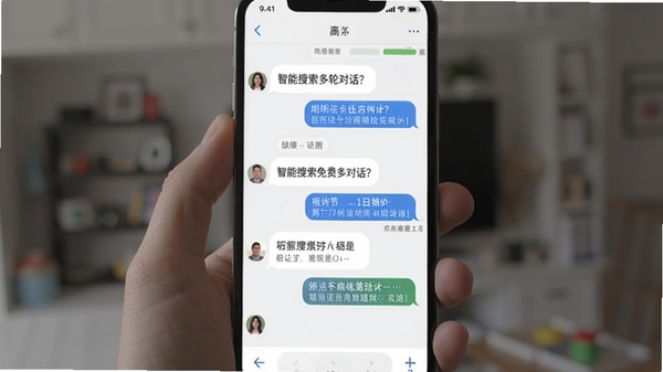 AI智能搜索免费多轮对话界面截图,展示用户连续提问与AI回答的对话气泡,界面带有蓝色高亮关键词标记,手机握持视角,背景虚化