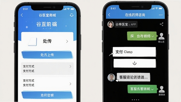 谷医堂商城APP订单确认页面与在线药师咨询界面,展示处方上传入口、支付方式选择、客服对话窗口,手机操作截图