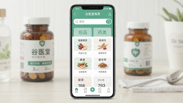 谷医堂商城APP首页展示,包含药品分类、健康推荐、搜索栏和底部导航栏,界面简洁清晰,健康主题色调,手机屏幕显示