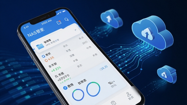 NAS管家手机端主界面展示,蓝色科技风格,手机屏幕显示文件管理列表和存储状态,背景为抽象数据流与云存储图标,高清UI设计图