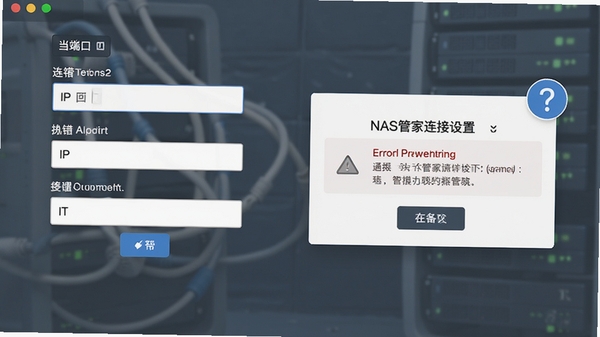 NAS管家连接设置与排错界面示意图,展示IP端口填写区域和错误提示弹窗,配有问号帮助图标,扁平化设计风格