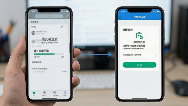 凌博智控安装与权限设置示意图,手机屏幕展示安装进度与权限开启界面,简洁明了