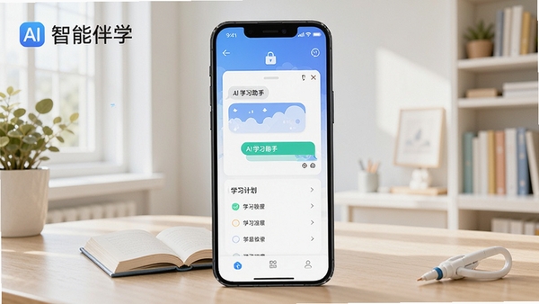 智能伴学软件主界面展示,手机屏幕中呈现AI学习助手对话窗口与学习计划列表,背景为明亮的学习场景,风格简洁现代,包含智能伴学文字标识