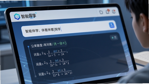 智能伴学AI问答界面特写,展示用户输入数学题后AI给出分步解析,屏幕中有智能伴学Logo,画面清晰,科技感学习氛围