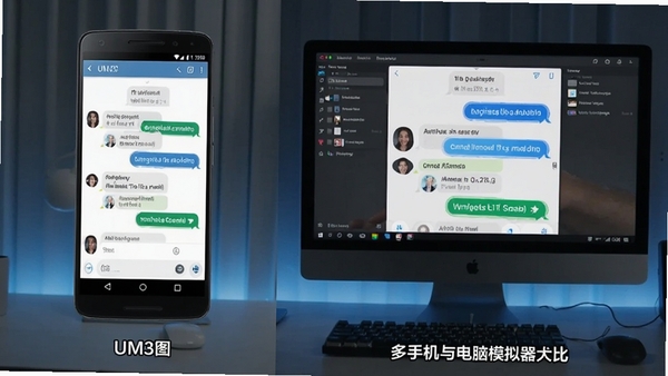 UM3在手机与电脑模拟器上的运行对比图,左侧为安卓手机显示聊天界面,右侧为电脑大屏显示相同界面,突出多设备适配与流畅体验