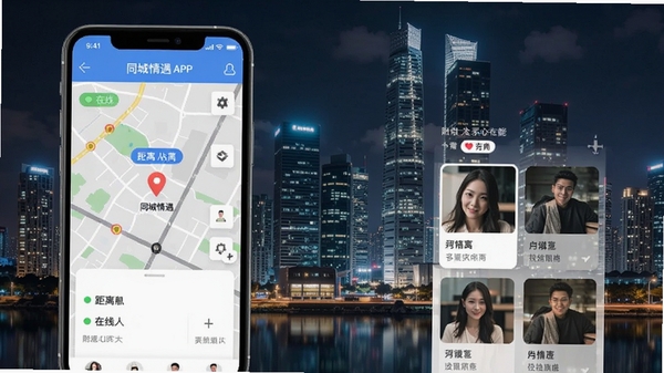同城情遇APP附近的人功能界面,展示地图定位与用户卡片列表,手机屏幕显示距离标签与在线状态,背景为现代城市夜景,风格真实自然