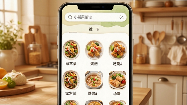 小帮菜菜谱搜索界面,手机屏幕显示丰富菜谱分类列表,包含家常菜、烘焙、汤羹等分类图标,界面清新简洁,顶部搜索框醒目,背景温馨厨房色调