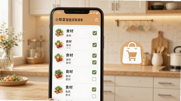 小帮菜智能采购清单功能展示,手机界面显示食材列表和勾选框,旁边有购物袋图标,背景为简约厨房场景,色调温暖明亮