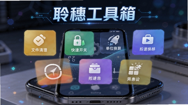 聆穗工具箱功能模块展示图,画面中展示多个彩色功能卡片悬浮在手机屏幕上方,包括文件清理、快捷开关、单位换算等图标,软件名称“聆穗工具箱”以科技感字体显示在顶部