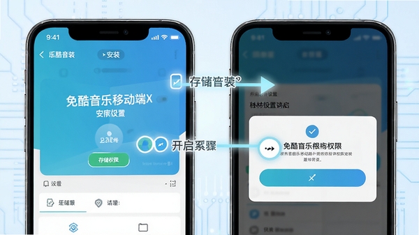 免酷音乐移动端安装与权限设置示意图,手机屏幕显示安装界面和权限授权弹窗,标注存储权限开启步骤,背景为浅色科技风格