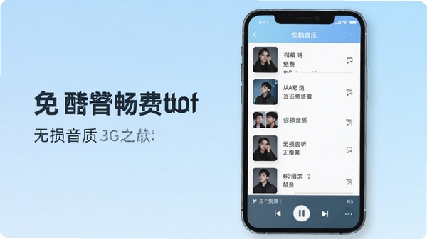 免酷音乐软件界面展示,清爽的音乐播放器UI,手机屏幕显示歌曲列表和播放控制栏,背景为淡蓝色渐变,突出免费畅听和无损音质特点
