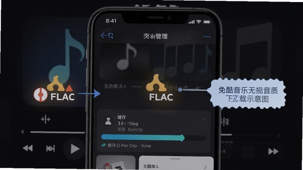 免酷音乐无损音质下载功能示意图,手机屏幕显示下载管理界面,标注FLAC无损标识和缓存进度条,背景为深色音乐主题