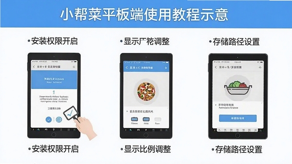 小帮菜平板端使用教程示意图,展示安装权限开启、显示比例调整、存储路径设置等操作步骤,画面简洁明了,适合新手用户参考