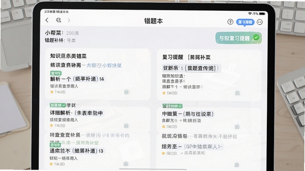 小帮菜平板端错题本界面展示,错题按知识点分类排列,每道题附带详细解析与复习提醒,界面清晰直观,帮助用户高效查漏补缺