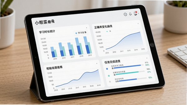 小帮菜平板端学习数据看板,展示学习时长统计图、正确率变化曲线与任务完成进度,数据可视化清晰美观,帮助用户掌握学习状态