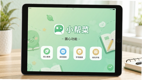 小帮菜平板端软件启动界面展示,简洁清新的学习主题背景,平板设备横屏显示,画面中央呈现软件logo与核心功能入口,整体风格明亮舒适,适合学习类软件宣传图