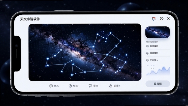 天文小智软件界面展示,手机屏幕显示璀璨星空图与星座连线,界面简洁科技感强