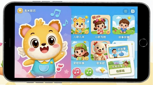 儿歌多米APP界面展示,卡通风格,包含儿歌多米吉祥物,色彩鲜艳,适合儿童,屏幕上显示各类儿歌专辑封面和故事列表