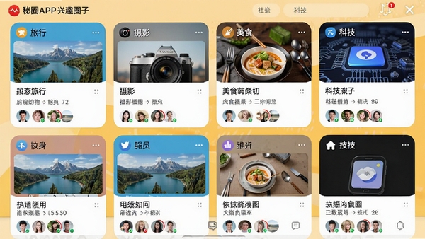 秘圈APP兴趣圈子界面截图,展示多个热门圈子卡片如旅行、摄影、美食、科技等,每个卡片带有圈内动态预览与成员头像,界面色彩明快,突出社交互动氛围